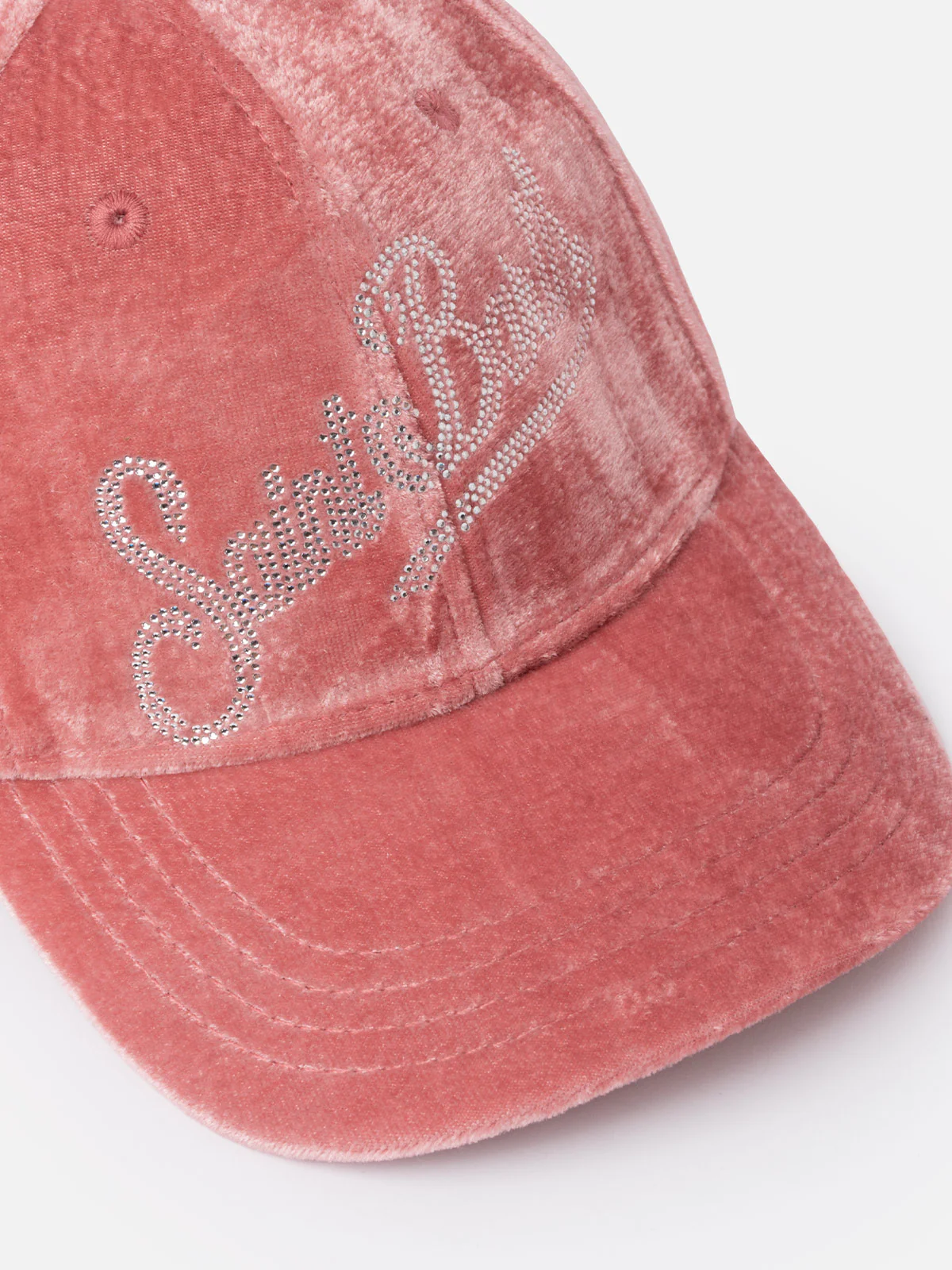 Roze fluwelen baseballpet met logo van strass-steentjes