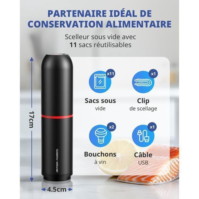 AIRMSEN Machine Sous Vide Portable avec 33 Sacs Fresh et 2 bouchons à vin, Scelleuse Sous Vide Mini pour Voyages et Camping