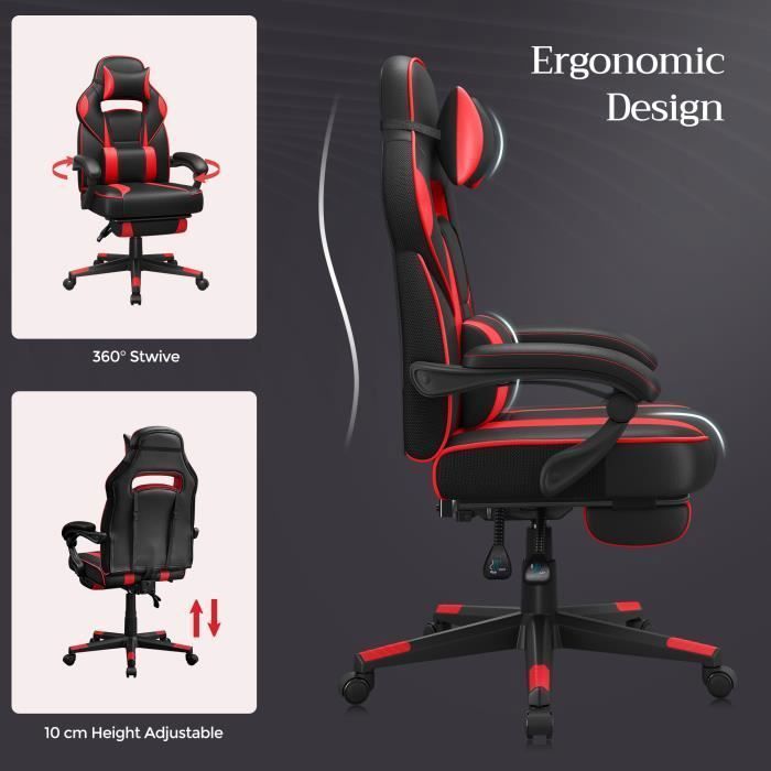 Sedia da gaming SONGMICS, sedia da ufficio, regolabile, poggiapiedi telescopico, meccanismo a dondolo, portata massima 150 kg, nera e rossa