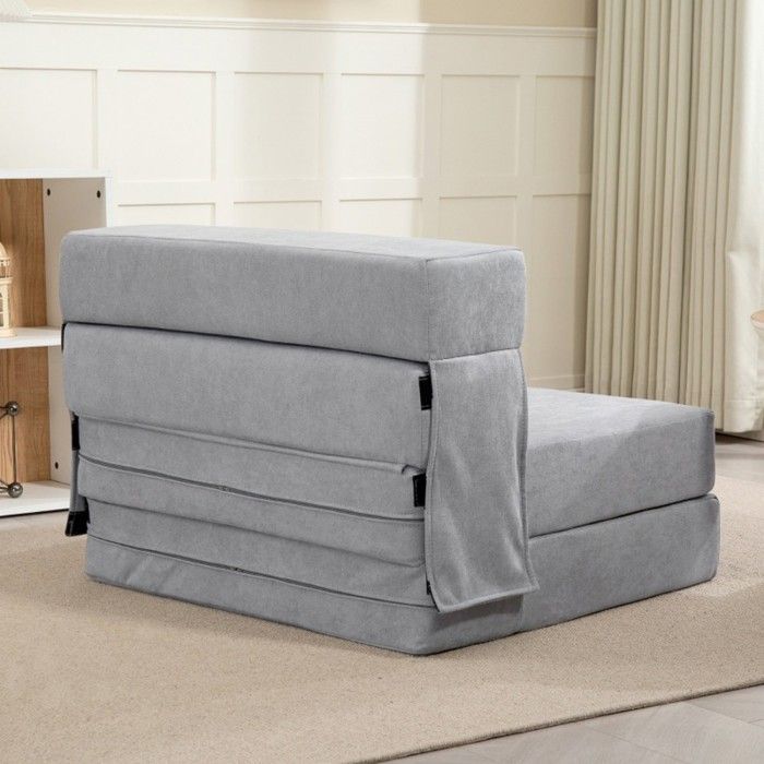 Canapé de sol convertible en matelas, mousse confortable, coussins amovibles, revêtement gris clair, idéal pour jardin ou intérieur