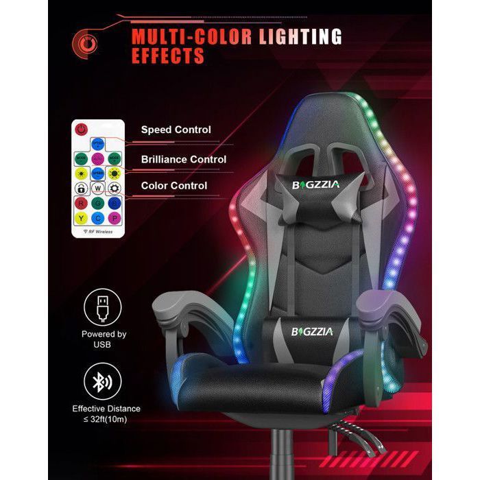 Silla gaming con efectos de iluminación LED, sillón con soporte lumbar y reposacabezas, respaldo regulable en altura, color gris.