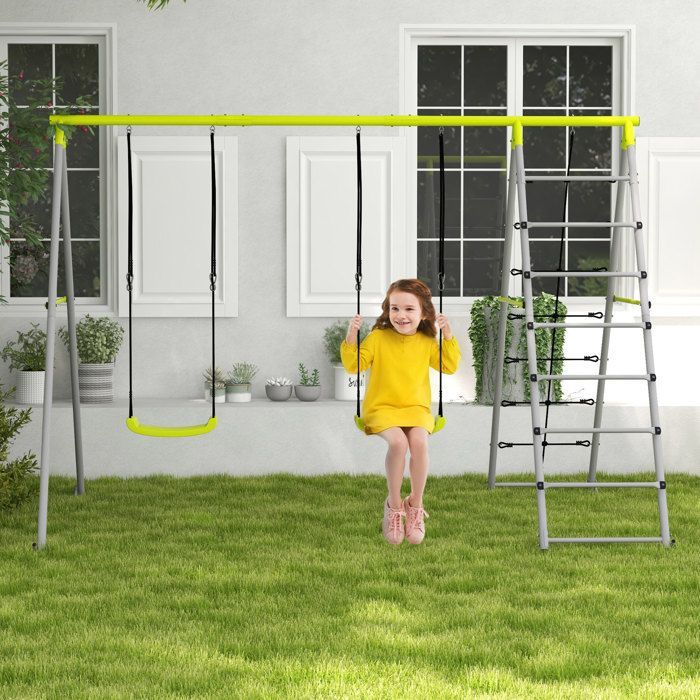 Kinderschaukelset – Outsunny – 2-teilig – Kletterleiter und Kletternetz – Metall – 260 x 185 x 180 cm – Grün