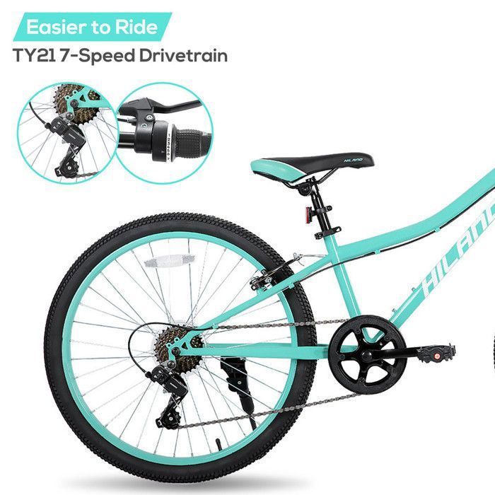 Hiland Vélo enfant 24 pouces, dérailleur Shimano 7 vitesses, VTT unisexe, fourche suspendue, freins V-Brake - Vert