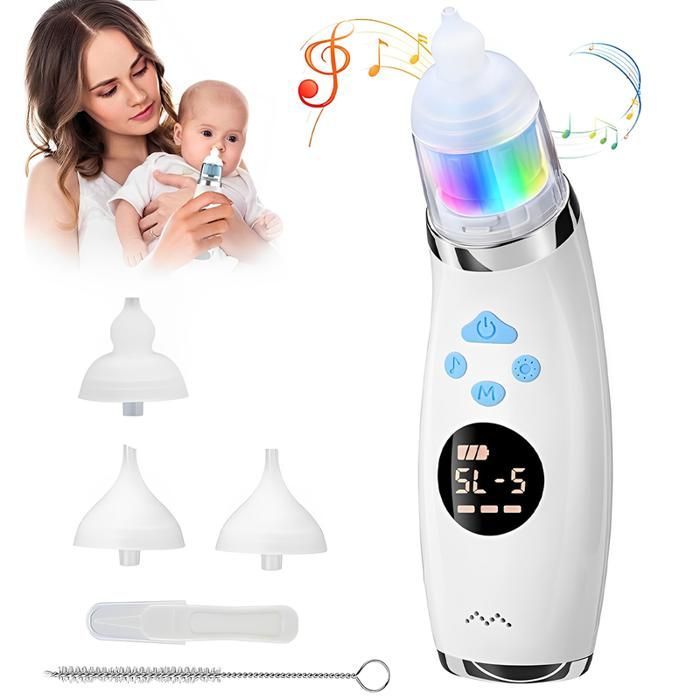 Aspirateu Nasal Électrique Bébé, Mouche Bebe, avec 5 Niveaux d' aspiration, 3 Embouts en Silicone Souple, Musique et Lumière