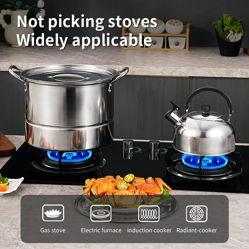 Ensemble de casseroles en acier inoxydable 4/5 avec bouilloire et panier vapeur, sans sélection de plaque de cuisson, idéal pour la cuisine et le camping.
