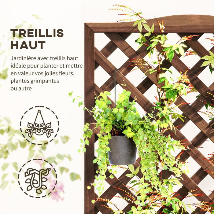 Planter with Trellis - Outsunny - 76 x 36 x 170 cm - Slatted Base - Dark Brown Pre-Oiled Fir Wood