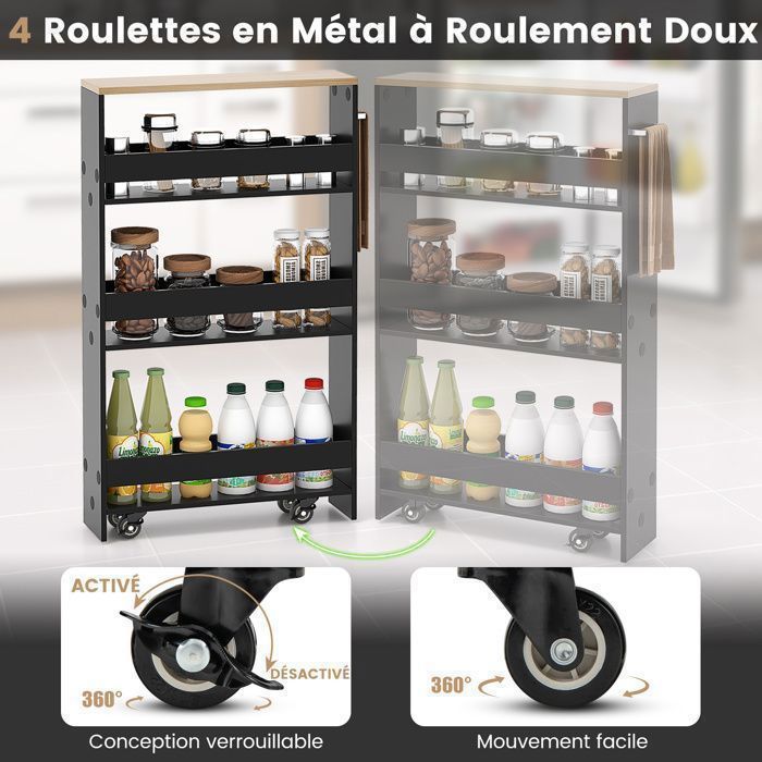 GIANTEX Desserte de Cuisine Étroit à Roulettes avec Freins-47,5x13x80,5cm-Chariot de Service à 4 Niveaux avec Poignée-Noir+Naturel