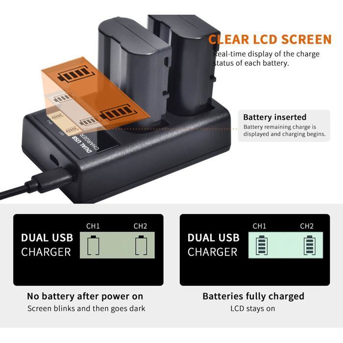 2pcs QUMOX Batterie EN-EL15 et Chargeur Double USB Compatible avec Z6 Z7 D500 D600 D610 D800 D850 D800E D750 D7000 D7100 D7200