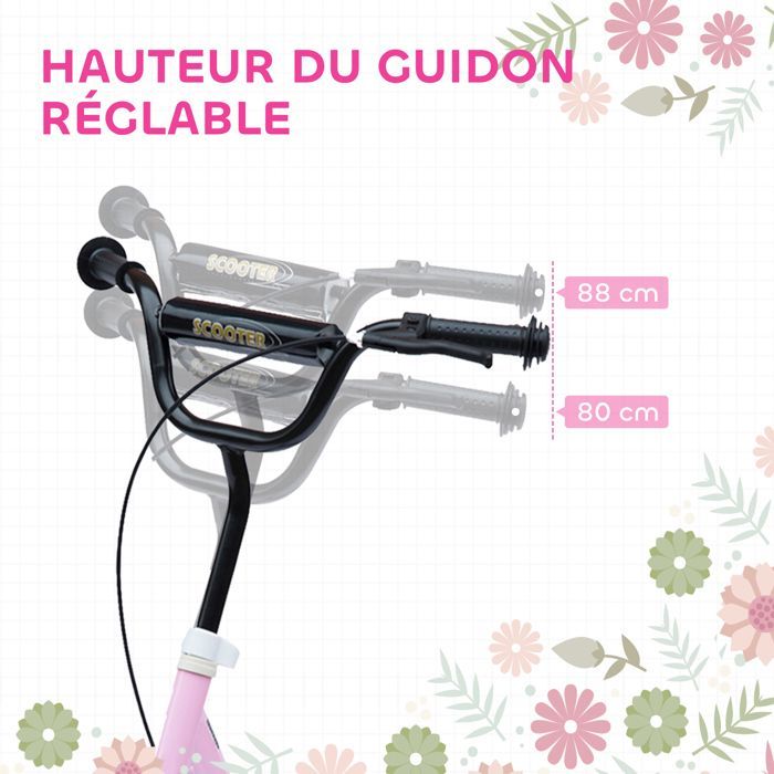 Trottinette enfant - HOMCOM - patinette pneus 30 cm hauteur guidon réglable frein béquille - acier - dès 5 ans - rose