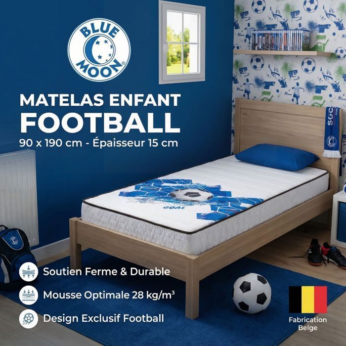 Conjunto de 2 colchões de espuma FOOTBALL de 90x190cm - Espuma perfilada de conforto de 5 zonas - Suporte firme - 15cm de espessura - Fabricado na Bélgica
