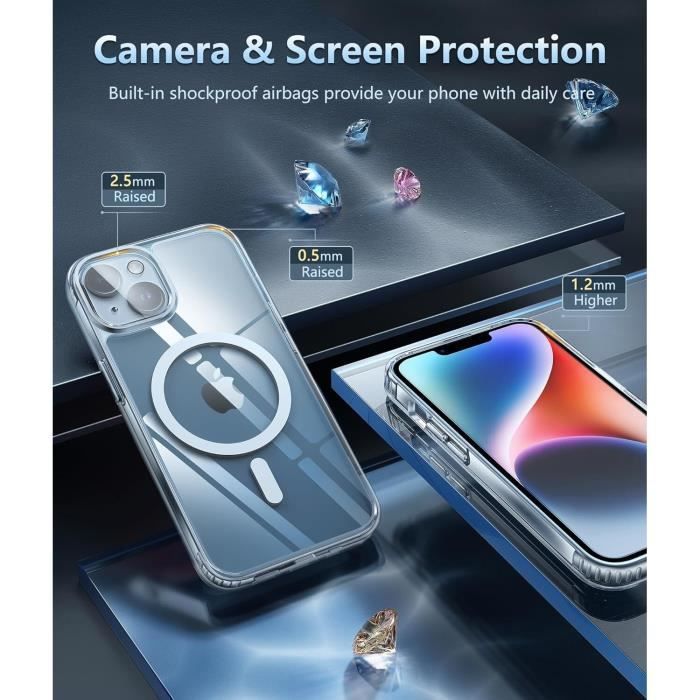 Funda para iPhone 14 - MASSILIA TECH - 2 protectores de pantalla de cristal templado - Protector de cámara integrado - MagSafe magnético