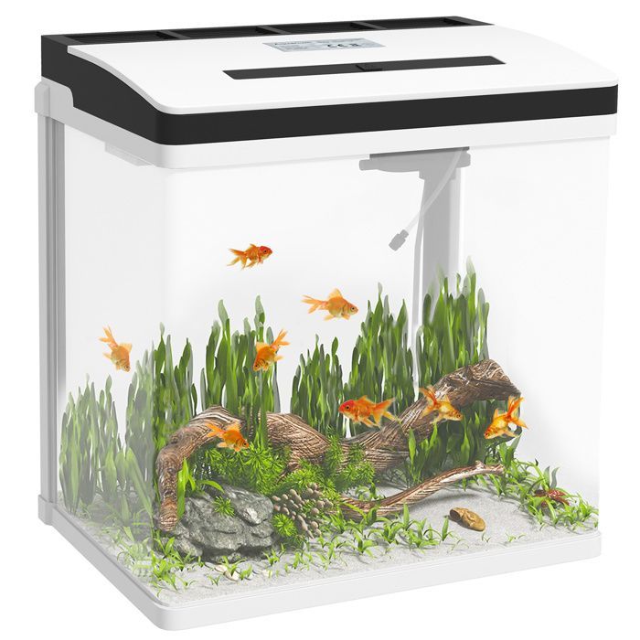 Acquario in vetro - PawHut - con filtro, coperchio e luce LED per pesci - Capacità 28 litri - Vetro - 38x26x39,5 cm - Bianco