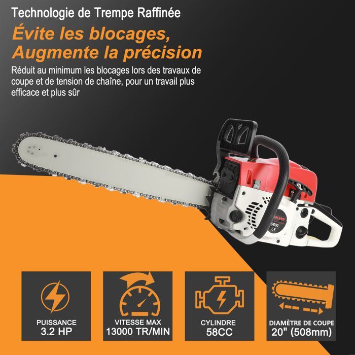 Motosierra de gasolina de 2,4 kW, 58 cc, 3,2 hp, motor de gasolina de 2 tiempos, espada de 20 pulgadas, 8500 rpm, manillar ergonómico.