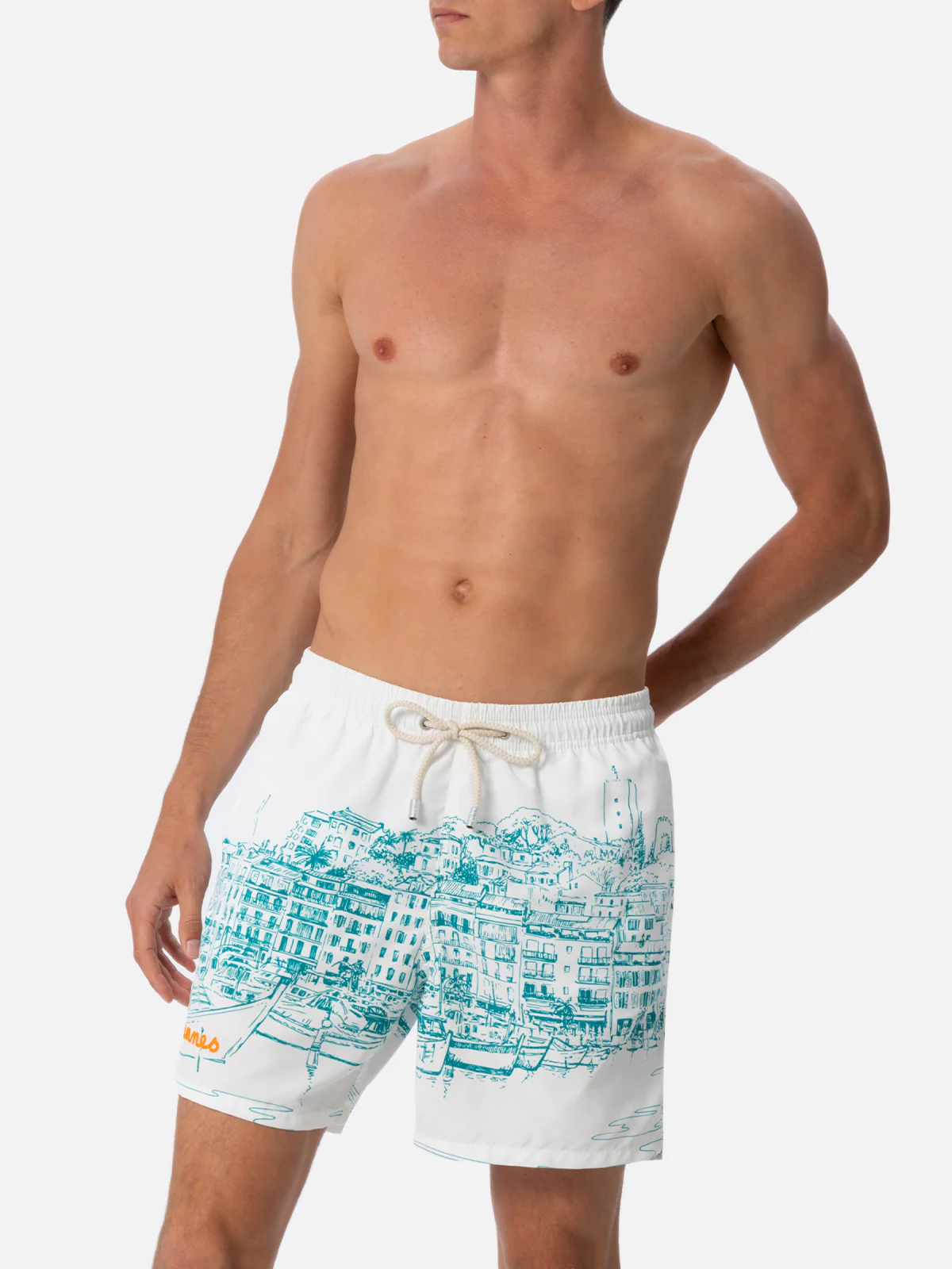 Heren Gustavia Zwembroek met Print – Middellang | Stof met Perzik-effect | Cannes Print | Wit | Verstelbaar Trekkoord | MC2 Saint Barth