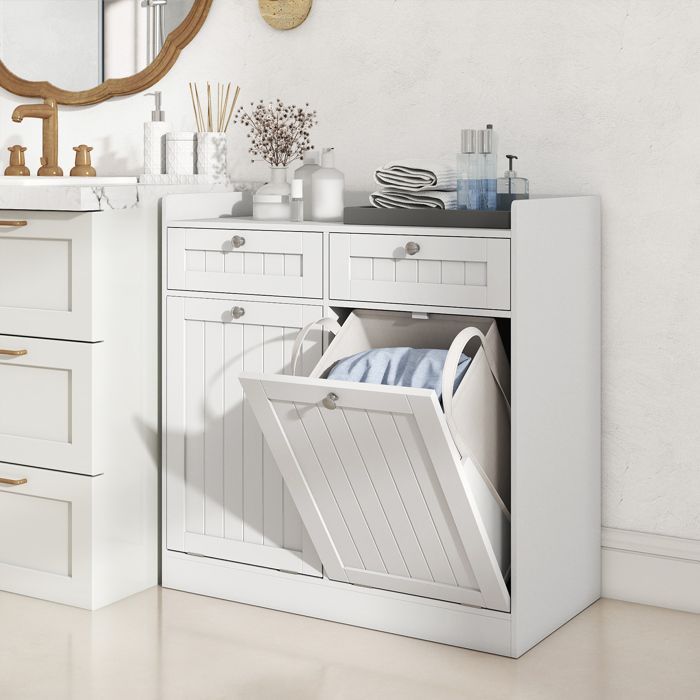 Armario de baño COSTWAY con cesta plegable, 2 cajones y 2 cestas de ropa extraíbles para baño o lavadero, color blanco.
