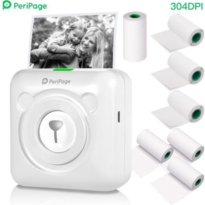New Resolution - PeriPage A6 Mini Thermal Printer HD 304DPI BT AR Photo Function with 7 Rolls of Thermal Paper White