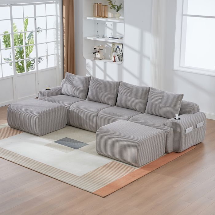 MEUBLIV Modular 4-seater sofa with 2 ottomans, cup holders and storage bags, 333x174x80cm, corduroy, light grey