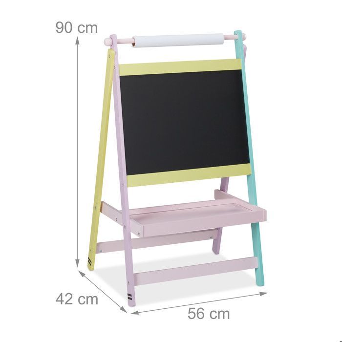 Relaxdays Tableau pour enfants deux en un, 90 x 56 x 42 cm, rouleau de papier, craie, dessin, dimensions, multicolore