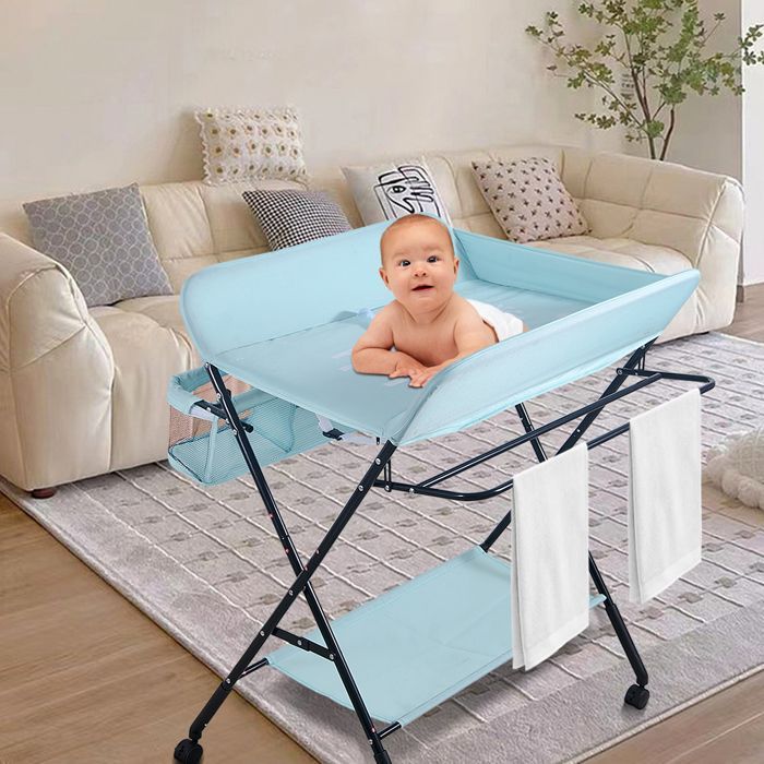 TAVOLO - Fasciatoio con cestino portaoggetti e appendiabiti - HUOLE - Altezza regolabile - 80*66*98 cm - Azzurro cielo