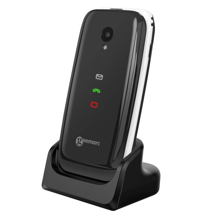 Telefone flip amplificado Geemarc branco/preto para idosos, compatível com aparelhos auditivos.