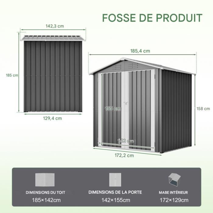Abri de jardin en métal, dimensions142x185cm,avec trous de ventilation,comprenant une base en métal et une porte verrouillable. Gr