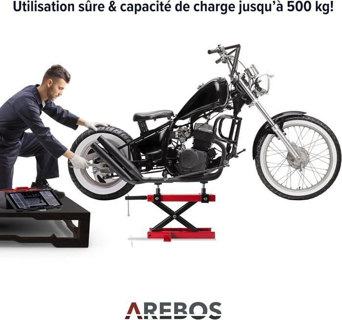 AREBOS Sollevatore per moto da 500 kg con piattaforma di sollevamento e blocco di montaggio | Regolabile da 95 a 375 mm Rosso - Nero