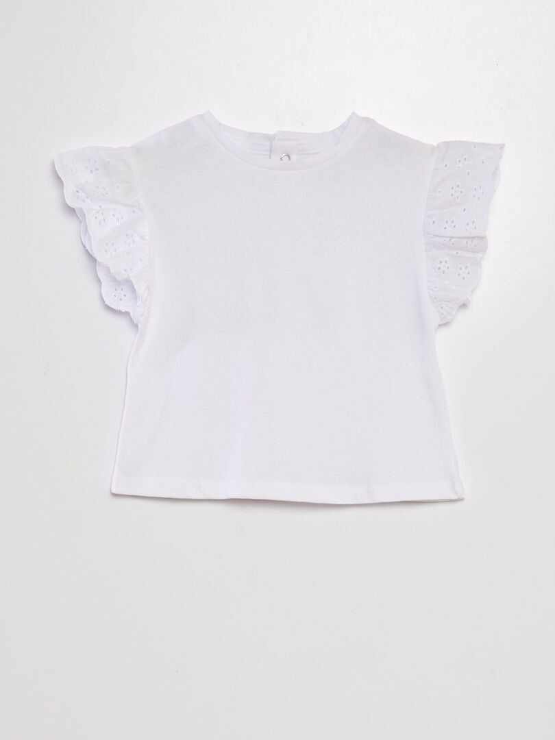 T-shirt met mouwen en Engelse borduursteek - wit
