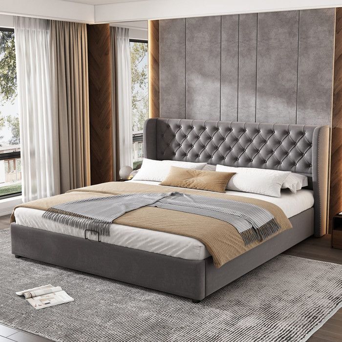 Cama doble tapizada en terciopelo con forma de oreja, 180 x 200 cm, con somier de láminas y espacio de almacenamiento, color gris.