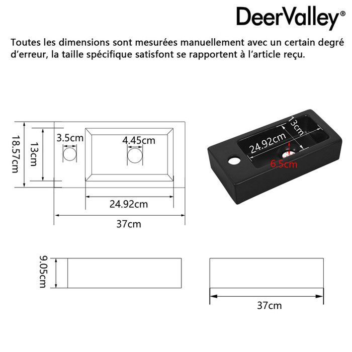 Vasque Lave Main Mini Rectangulaire Noir Mat en Céramique pour Petit Espace (Main Gauche), DV-1V0091L - DeerValley