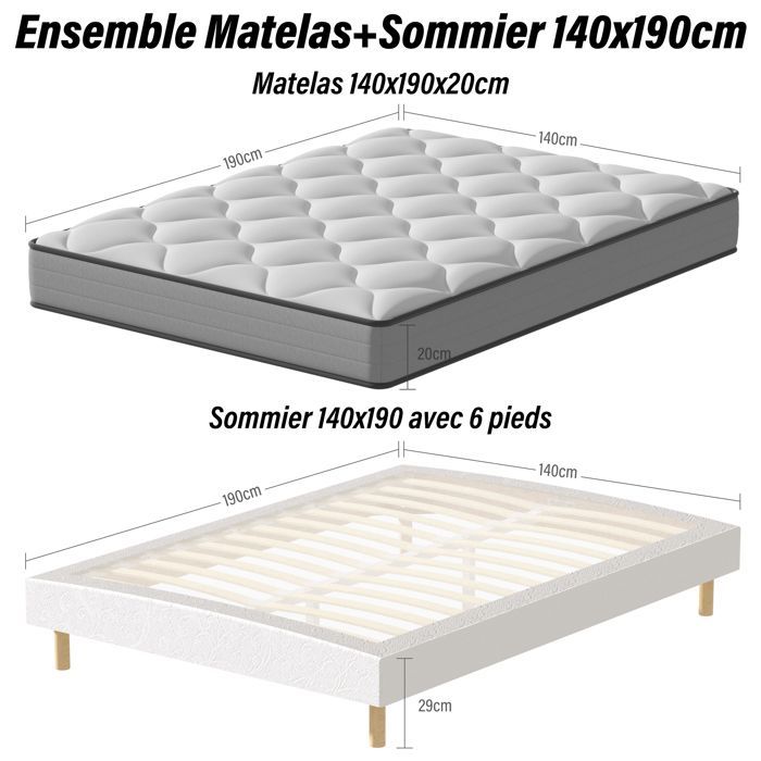 TEENO 140x190cm Spring Mattress + Slatted Base, Hybrid Pocket Spring Mattress, 20cm Thick Upholstered Protective Slatted Base