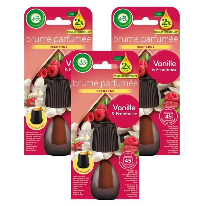 Lot de 3 Recharges Diffuseur désodorisant d Huiles Essentielles Brume Parfumée Vanille et Framboise - 20 ml