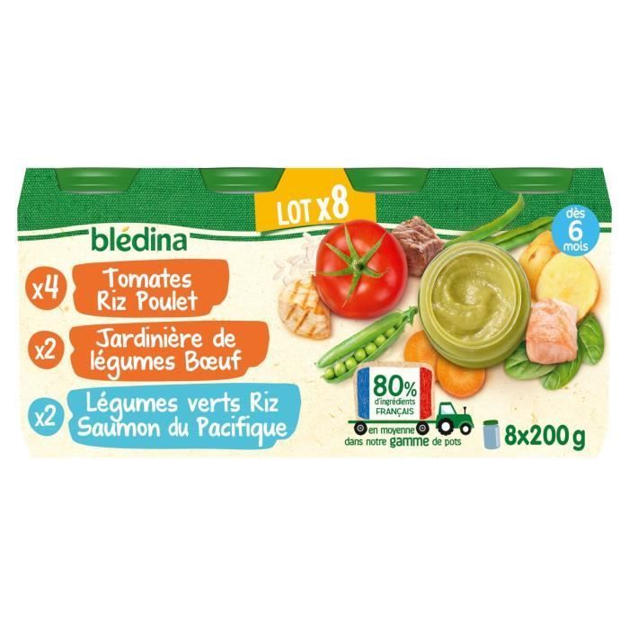 Omogeneizzati BLEDINA - Dai 6 mesi in su - Pollo al pomodoro e riso, Manzo alle verdure, Salmone al riso e verdure - 8 vasetti da 200 g