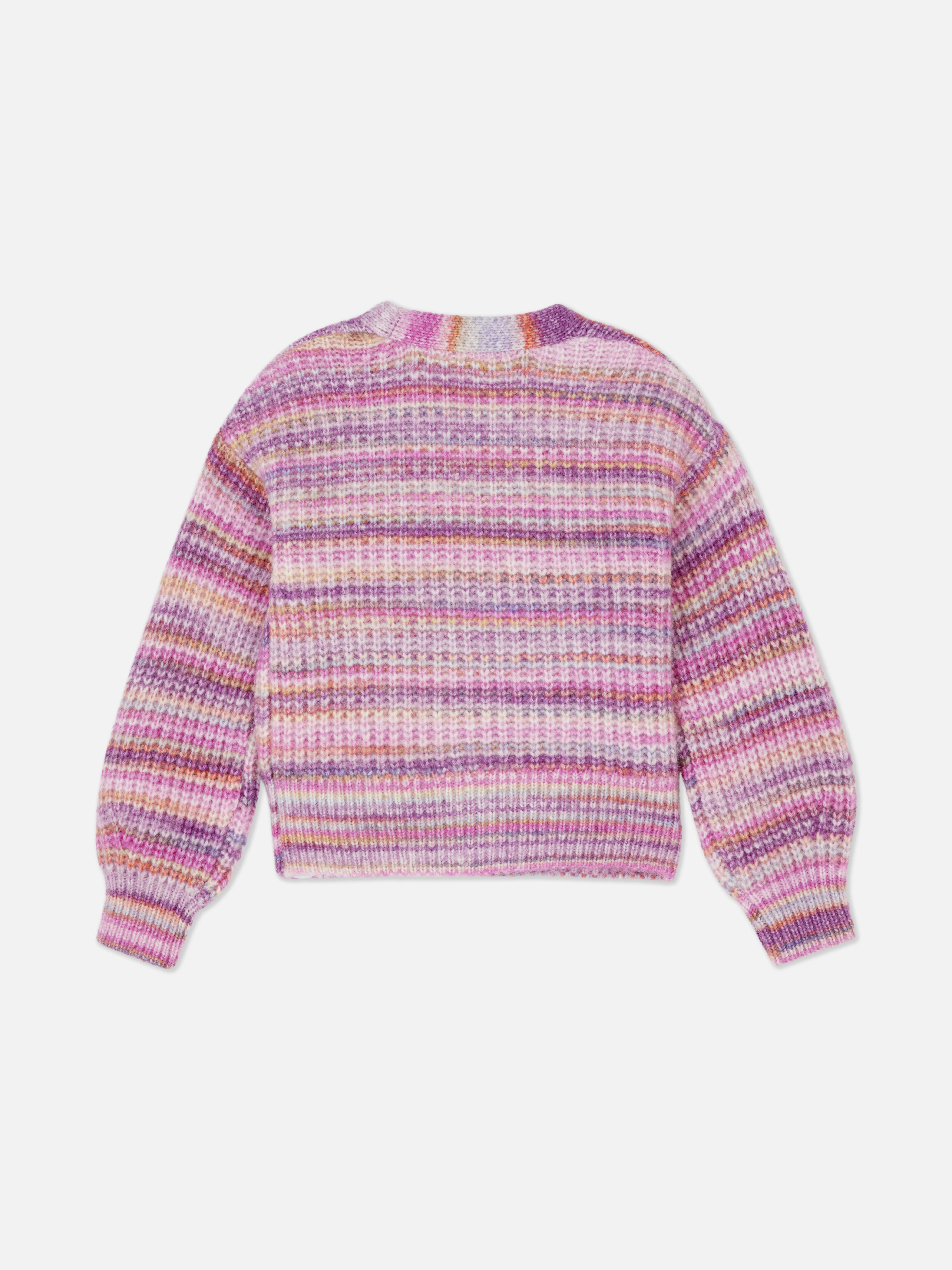 Striped and buttoned cardigan. This cardigan features a V-neck, button fastening at the front, and puff sleeves.