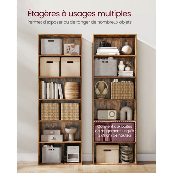 VASAGLE Boekenkast, Open 6-plankensysteem, 24 x 60 x 178,5 cm, Eetkamer, Bruin