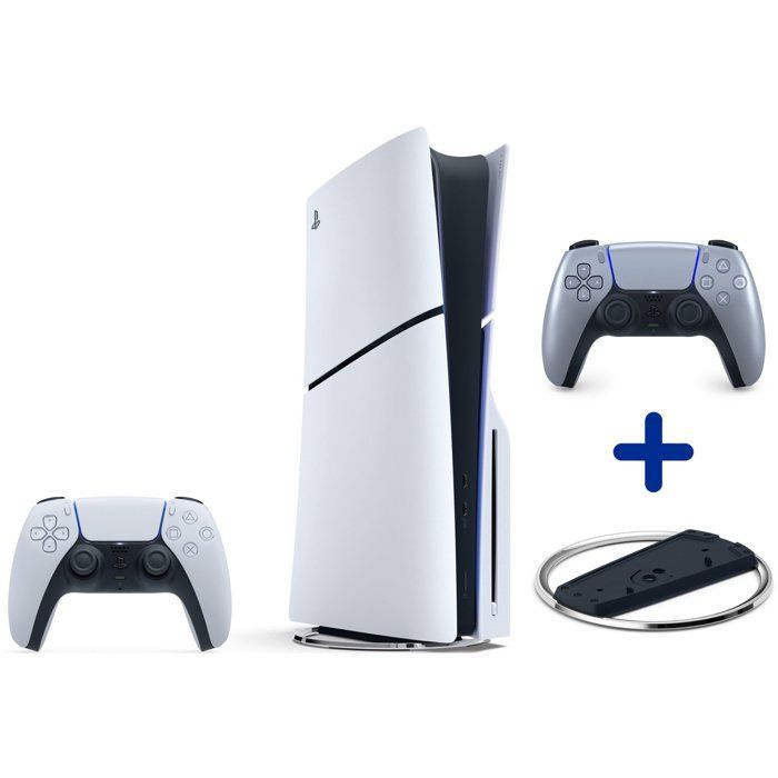 PS5 Standaardbundel (met schijfstation): PlayStation 5-console (Slim) + verticale standaard + tweede DualSense-controller Sterling Silver
