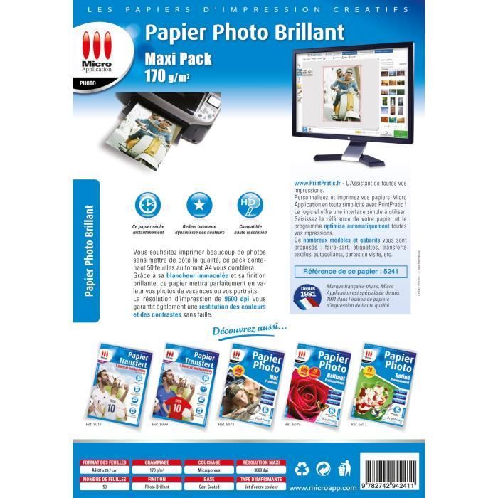 Papier Photo Brillant A4 - Maxi Pack - 170 g/m² - 50 Feuilles - Micro Application