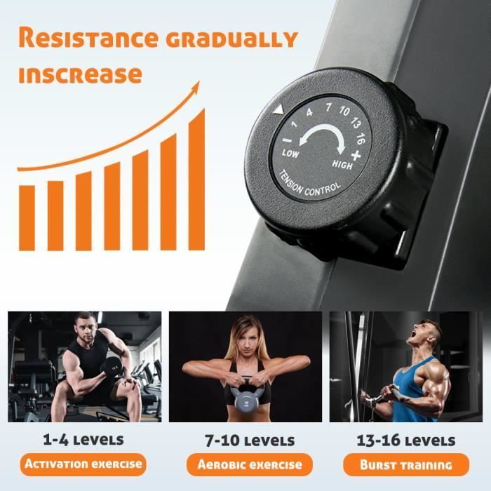 Máquina de remo magnética - remo para fitness en interiores - BIGZZIA - 16 niveles de resistencia ajustables, riel guía de aluminio silencioso