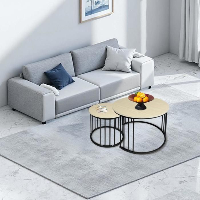 KEDIA Set van 2 salontafels, wit esdoornhout + zwarte poten, 60*60*45 cm en 40*40*38 cm, slijtvast en gemakkelijk schoon te maken