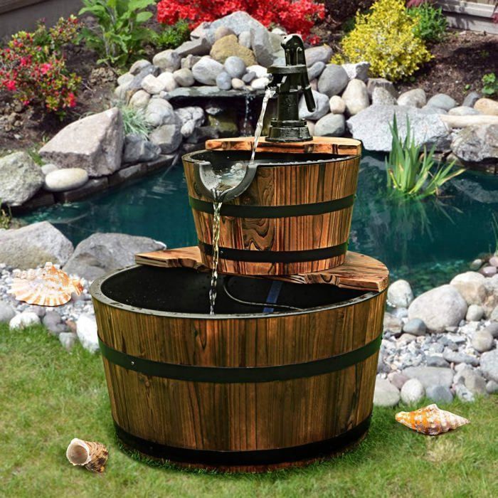 Fuente de jardín de madera COSTWAY con bomba, 2 niveles, flujo de agua ajustable, capacidad de 19 litros, estilo rústico decorativo en cascada.