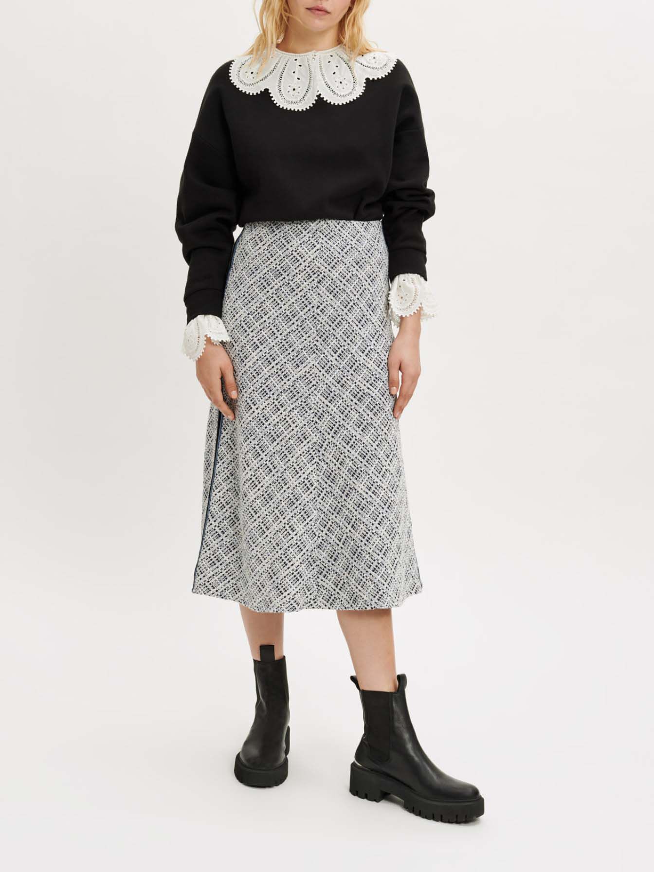 Fustă midi din tweed - Albastră