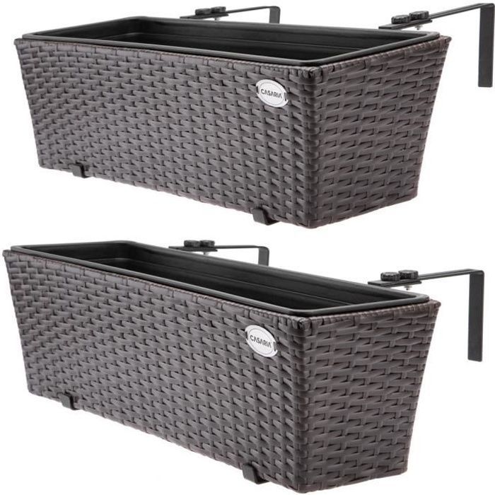 2x Bac à fleurs en polyrotin marron Jardinière pour balcon Pot de fleur avec fixation Terrasse Fenêtre Balustrade