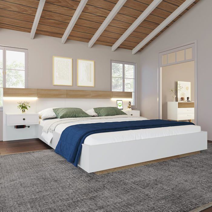 NEW-Lit double lit adulte 160x200 cm avec 2 tables de chevet LED et interface USB-C, bois, blanc et chên CHAMBRE A COUCHER COMPLETE