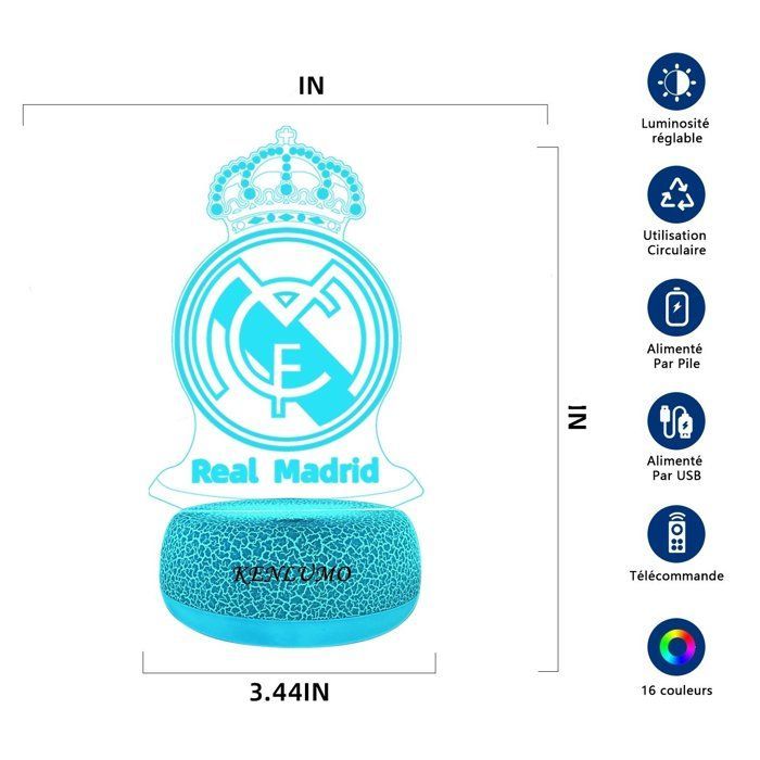KENLUMO Veilleuse Real Madrid Football Lampe de chevet 3D LED Noël Enfant Cadeau Lampe de nuit télécommande Changement de Couleurs