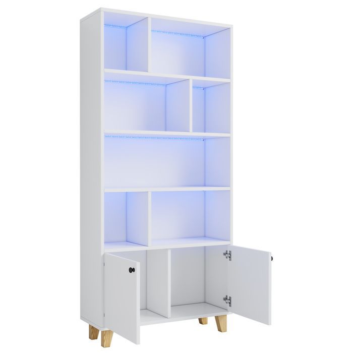 Librería LED blanca de 173 cm con puertas y 7 estantes, mueble de almacenamiento moderno con patas de madera maciza.
