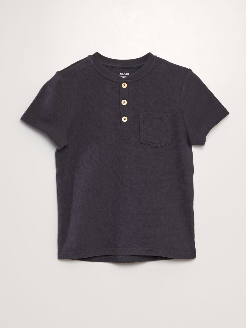 Katoenen T-shirt met henleykraag - ZWART