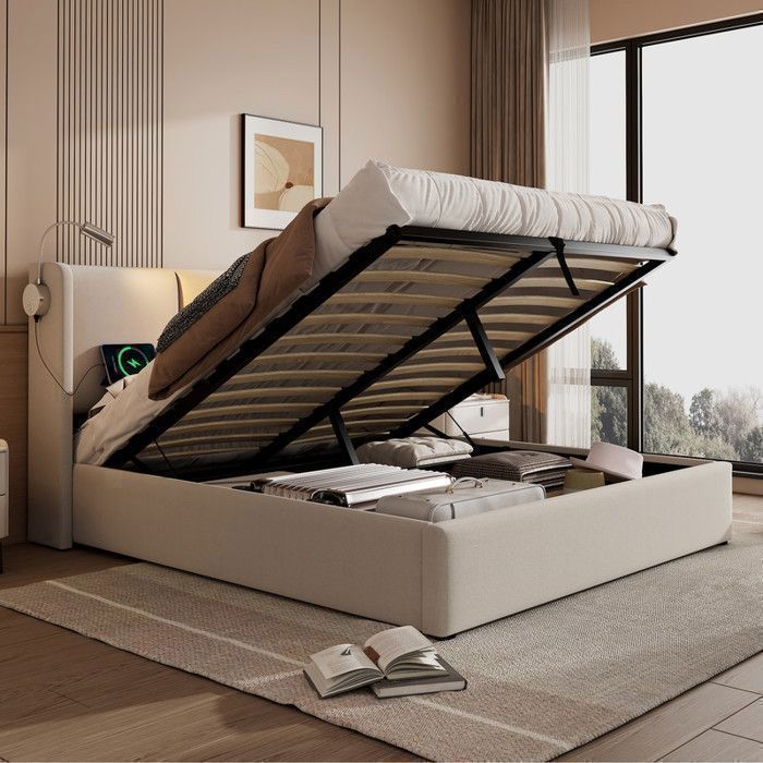 Letto matrimoniale con vano contenitore, 160 x 200 cm, in lino beige, con luce da lettura e porta USB, rete a doghe, materasso non incluso.