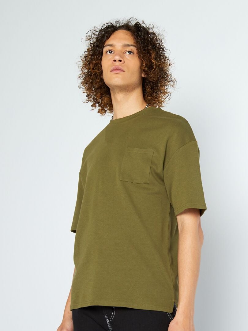 Camiseta de cuello redondo con bolsillo en el pecho - VERDE