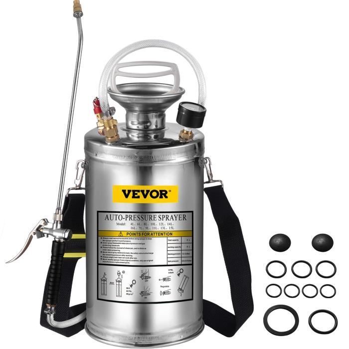 Spruzzatore da giardino a pressione in acciaio inox con manometro, spruzzatore a zaino da 6 litri con getto regolabile per giardino, pulizia del terreno e nebulizzazione delle piante.