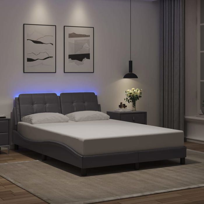 vidaXL Bedframe met LED-verlichting, Grijs, 140x190 cm, Kunstleer, Bed, Lattenbodem, Kunstleren Bed, Slaapkamermeubelen, 3214106