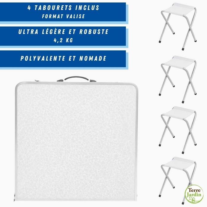Table de Camping Pliante avec 4 Tabourets, 120 x 60 cm, Hauteur Réglable 54/61/70 cm, Plateau MDF Blanc, Structure Aluminium